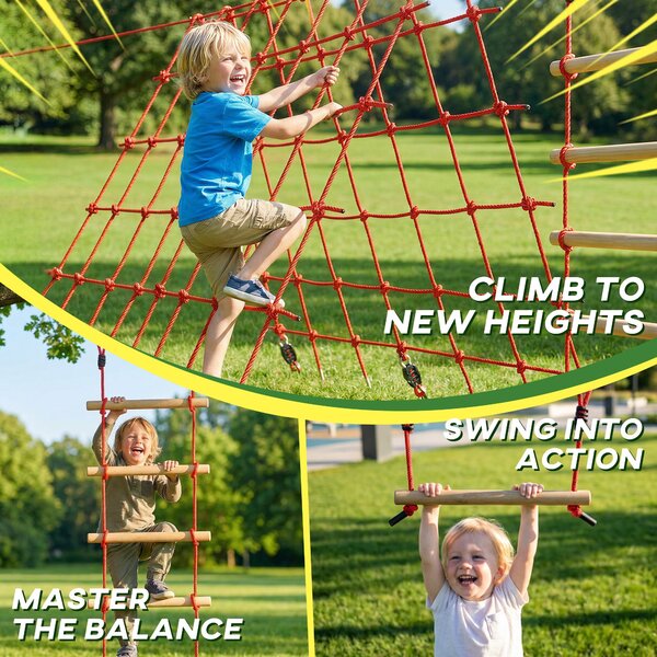 AIYAPLAY Ninja Line dětská slackline sada 10 m — kruhy, houpačka, žebřík a lezecká síť — venkovní hřiště pro 3–6 let | Aosom