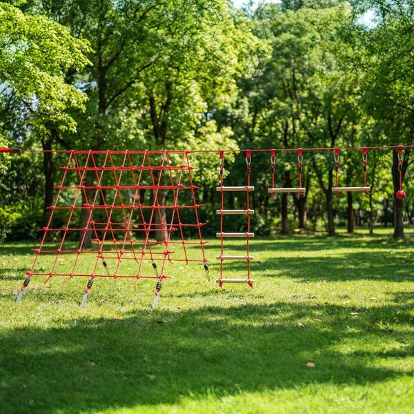 AIYAPLAY Ninja Line dětská slackline sada 10 m — kruhy, houpačka, žebřík a lezecká síť — venkovní hřiště pro 3–6 let | Aosom