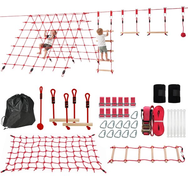 AIYAPLAY Ninja Line dětská slackline sada 10 m — kruhy, houpačka, žebřík a lezecká síť — venkovní hřiště pro 3–6 let | Aosom