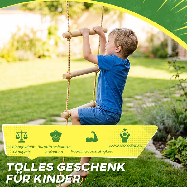 AIYAPLAY Ninja Line dětský žebřík 5 příček & slackline 1,8 m — přírodní dřevo, 2 karabiny a 2 popruhy na strom (3–8 let) | Aosom