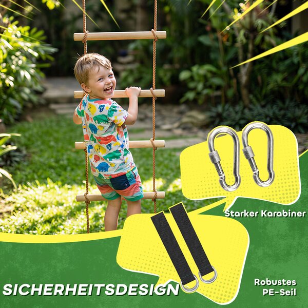 AIYAPLAY Ninja Line dětský žebřík 5 příček & slackline 1,8 m — přírodní dřevo, 2 karabiny a 2 popruhy na strom (3–8 let) | Aosom