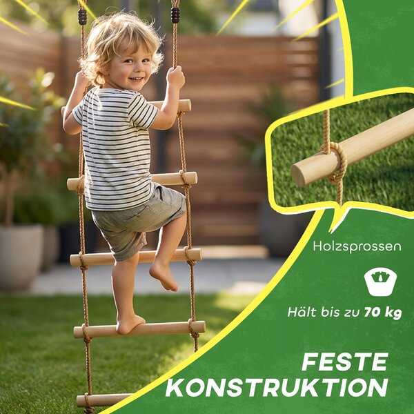 AIYAPLAY Ninja Line dětský žebřík 5 příček & slackline 1,8 m — přírodní dřevo, 2 karabiny a 2 popruhy na strom (3–8 let) | Aosom
