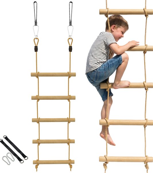 AIYAPLAY Ninja Line dětský žebřík 5 příček & slackline 1,8 m — přírodní dřevo, 2 karabiny a 2 popruhy na strom (3–8 let) | Aosom