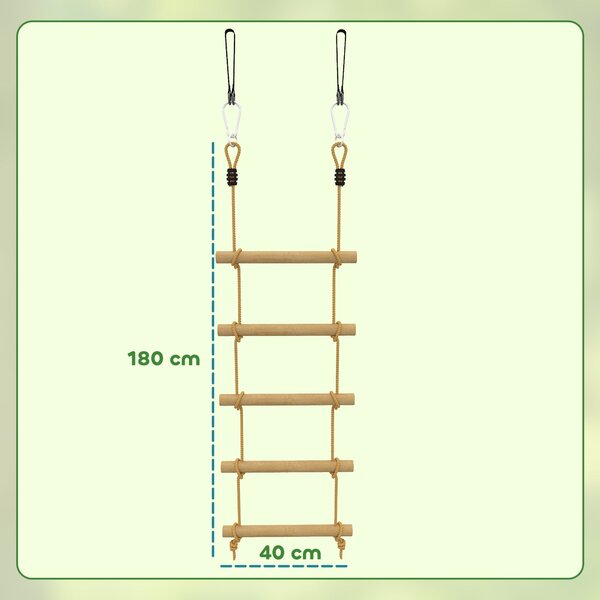AIYAPLAY Ninja Line dětský žebřík 5 příček & slackline 1,8 m — přírodní dřevo, 2 karabiny a 2 popruhy na strom (3–8 let) | Aosom