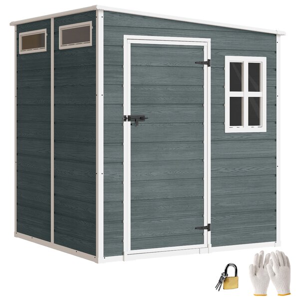 Outsunny zahradní kůlna 183 × 183 cm, patinovaná šedá, s podlahou, panely ve vzhledu dřeva, zamykatelnými dveřmi a okny | Aosom
