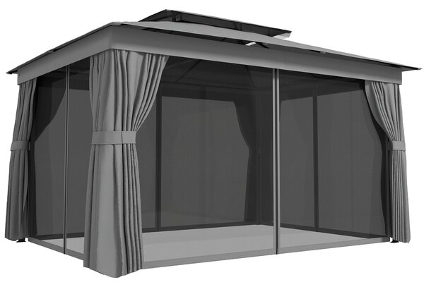 Outsunny altán 3,8 × 3 m — voděodolný, dvojitá střecha, závěsy a moskytiéra, kovový rám, tmavě šedý | Aosom