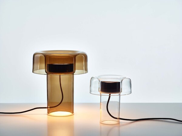 Designová LED stolní lampa Brokis Spectra mini PC1371 Povrch Montury: Stříbrný elox, Barva skla: Šedá kouřová - transparentní sklo, Tělo stmívače: Stříbrný elox
