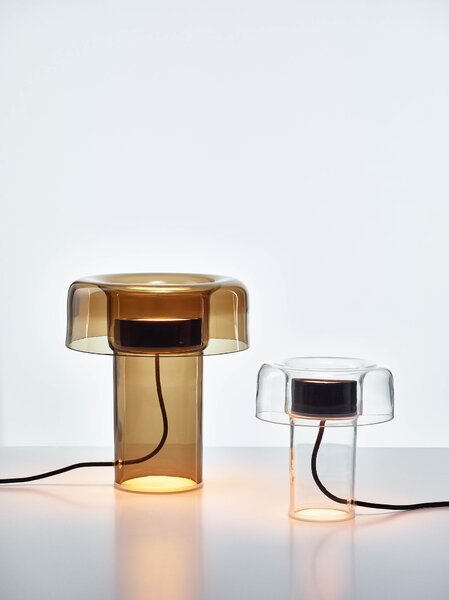Designová LED stolní lampa Brokis Spectra mini PC1371 Povrch Montury: Stříbrný elox, Barva skla: Šedá kouřová - transparentní sklo, Tělo stmívače: Stříbrný elox