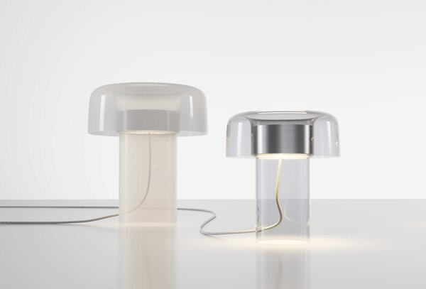 Designová LED stolní lampa Brokis Spectra mini PC1371 Povrch Montury: Stříbrný elox, Barva skla: Šedá kouřová - transparentní sklo, Tělo stmívače: Stříbrný elox