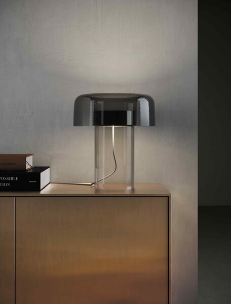 Designová LED stolní lampa Brokis Spectra PC1372 Povrch Montury: Stříbrný elox, Barva skla: Šedá kouřová - transparentní sklo, Tělo stmívače: Stříbrný elox