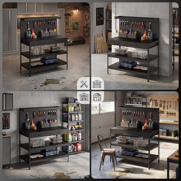 HOMCOM pracovní stůl s perforovanou deskou — robustní pracovní stanice se 2 zásuvkami a 2 nastavitelnými policemi, nosnost 272 kg, 122 × 61 × 156 cm