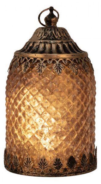 Hnědá skleněná dekorace lucerna s LED světlem s ozdobnými lístky – 10x16 cm