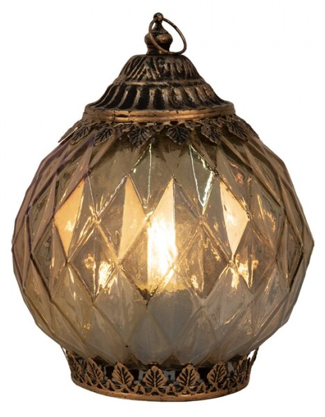 Měděná skleněná dekorace lucerna s LED světlem s ozdobným povrchem ve tvaru diamantů – 15x19 cm