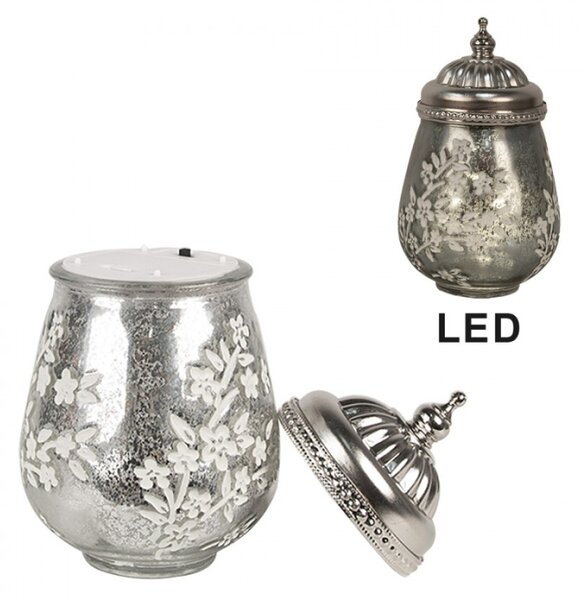 Stříbrná skleněná dekorace lucerna s LED světlem s ozdobnými kytičkami – 9x15 cm