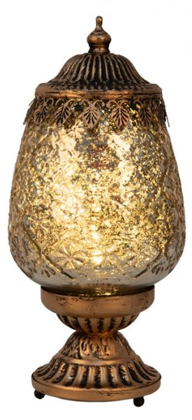 Hnědá skleněná dekorace lucerna s LED světlem s ozdobnými lístky – 8x19 cm