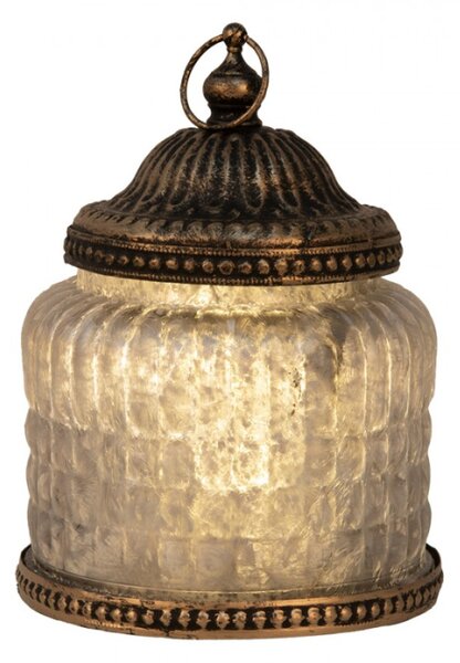 Šedá skleněná dekorace lucerna s LED světlem s ozdobnými proužky – 10x13 cm