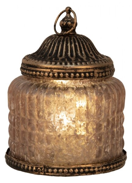 Růžová skleněná dekorace lucerna s LED světlem s ozdobnými proužky – 10x13 cm