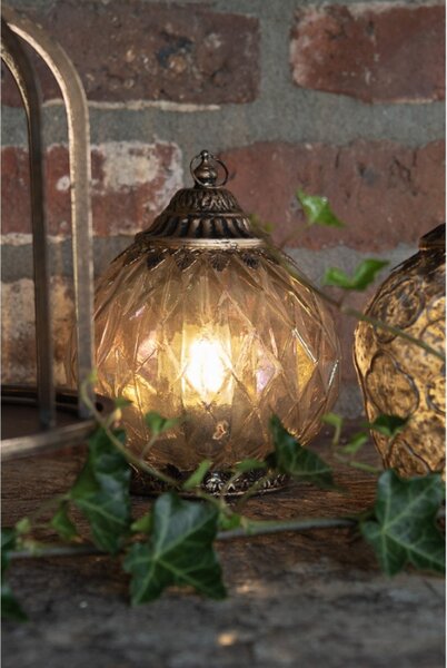 Měděná skleněná dekorace lucerna s LED světlem s ozdobným povrchem ve tvaru diamantů – 15x19 cm