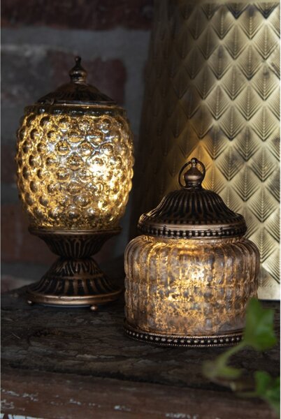 Šedá skleněná dekorace lucerna s LED světlem s ozdobnými proužky – 10x13 cm
