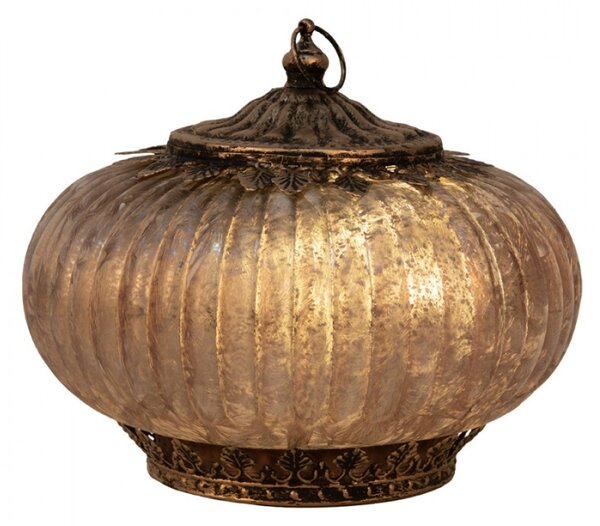 Růžová skleněná dekorace lucerna s LED světlem s ozdobnými lístky – 17x14 cm