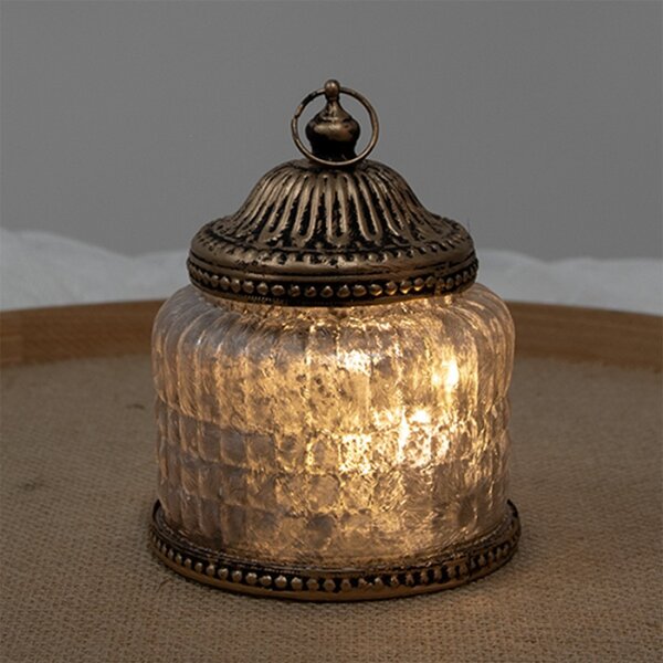 Růžová skleněná dekorace lucerna s LED světlem s ozdobnými proužky – 10x13 cm