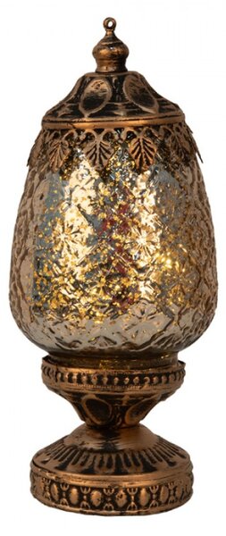 Hnědá skleněná dekorace lucerna s LED světlem s ozdobnými lístky – 10x23 cm