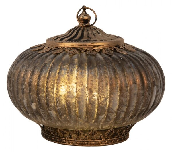 Hnědá skleněná dekorace lucerna s LED světlem s ozdobnými lístky – 17x14 cm