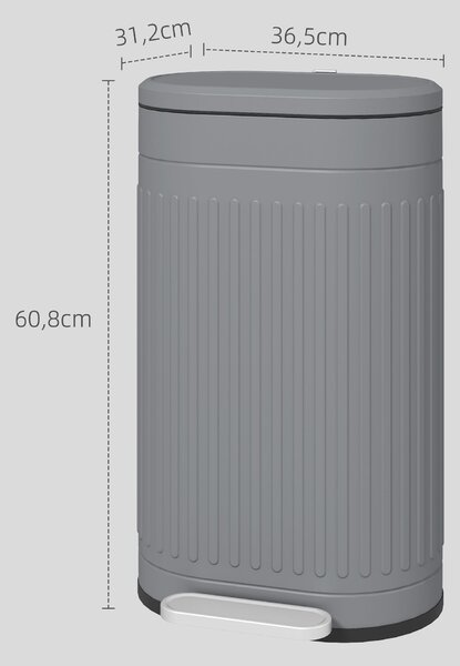 HOMCOM 30 l Pedálový odpadkový koš s vyjímatelným kbelíkem a tichým dovíráním víka, šedý — 36,5 × 31,2 × 60,8 cm | Aosom