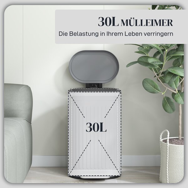 HOMCOM 30 l Pedálový odpadkový koš s vyjímatelným kbelíkem a tichým dovíráním víka, šedý — 36,5 × 31,2 × 60,8 cm | Aosom