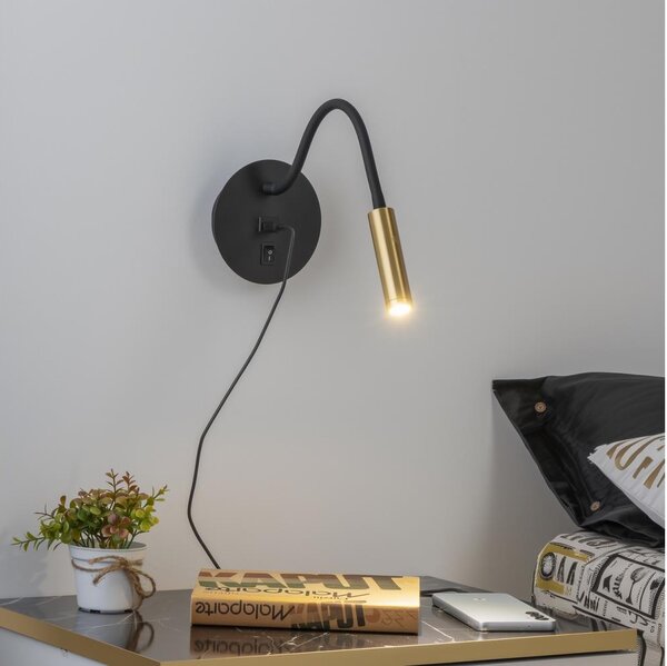 Brilagi -LED Flexibilní nástěnná lampa s USB portem MAYA LED/3W/230V černá/zlatá