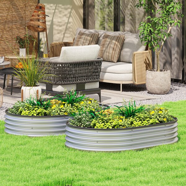 Outsunny sada 2 pozinkovaných vyvýšených záhonů, 135 × 90 × 30 cm — oválné květináče s otevřeným dnem, gumový okraj, rukavice v balení, modulární | Ao