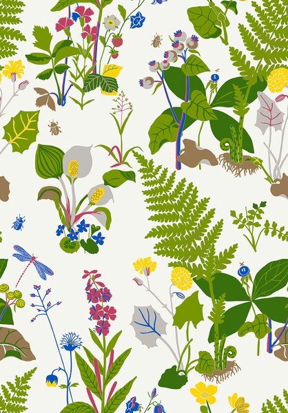 Vliesová tapeta na zeď, zelená, červená, luční květiny, kapradiny, 1788, Scandinavian Designers, Borastapeter