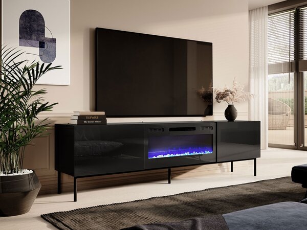 TV stolek s elektrickým krbem TOKA - lesklý černý / černý