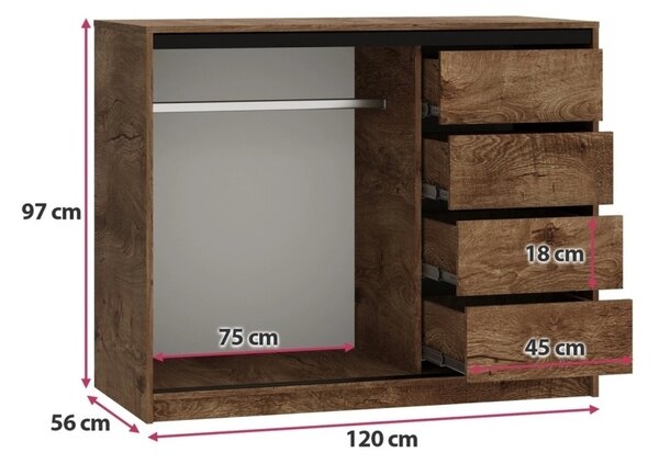 Komoda HARAZIA 120 s posuvnými dveřmi, hloubka 56 cm, 1 šatní tyč, 4 šuplíky, dub lefkas