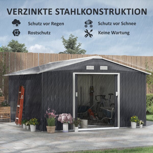 Outsunny Kovový Kůlna na Nářadí 26,2m³ 340x386x200cm Kůlna s Gablovou Střechou a Posuvnými Dveřmi Odolná proti Počasí Zahradní Dům Venkovní Kůlna na N