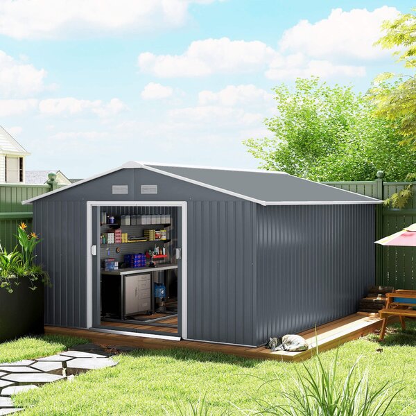 Outsunny Kovový Kůlna na Nářadí 26,2m³ 340x386x200cm Kůlna s Gablovou Střechou a Posuvnými Dveřmi Odolná proti Počasí Zahradní Dům Venkovní Kůlna na N