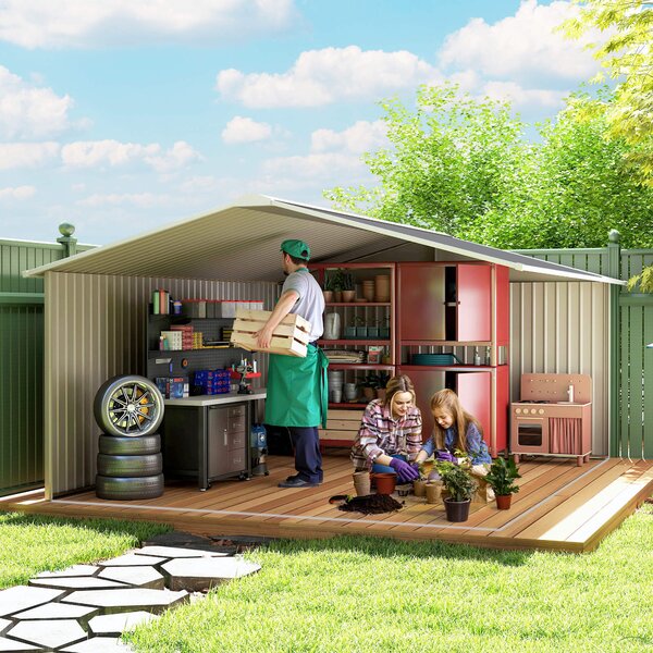 Outsunny Kovový Kůlna na Nářadí 26,2m³ 340x386x200cm Kůlna s Gablovou Střechou a Posuvnými Dveřmi Odolná proti Počasí Zahradní Dům Venkovní Kůlna na N