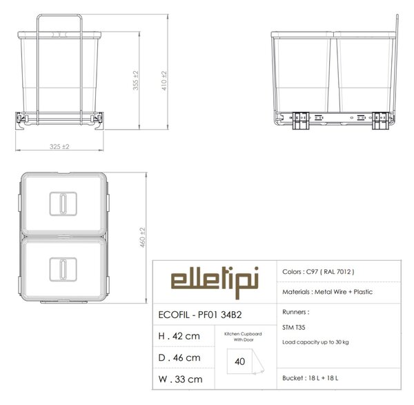 Vestavný odpadkový koš Elletipi ECOFIL s víkem Flip-up - výsuvný, s rámem, 18+18 L