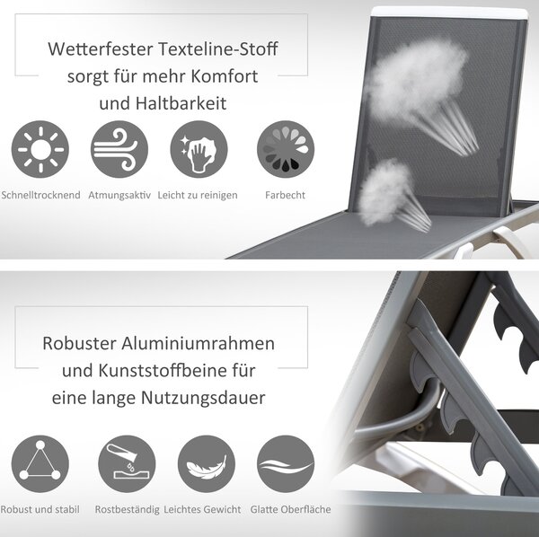 Outsunny Zahradní Lehátko Alu Sluneční Lehátko Textilní Lehátko Relaxační Lehátko 5-násobně nastavitelné ergonomické Texteline Šedá+Bílá 170 x 67,5 x
