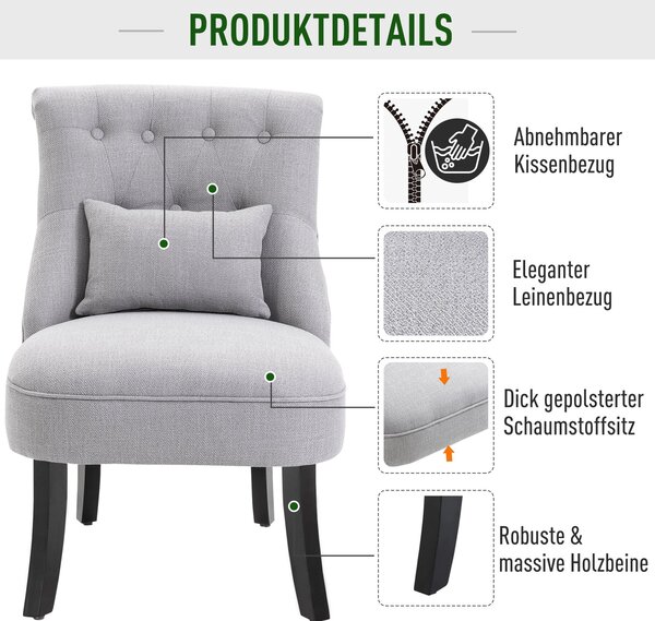 HOMCOM Křeslo do obývacího pokoje - Relaxační křeslo s polštářem na opěradlo, dřevěné nohy, čtecí křeslo s lněným vzhledem, potažené křeslo do ložnice