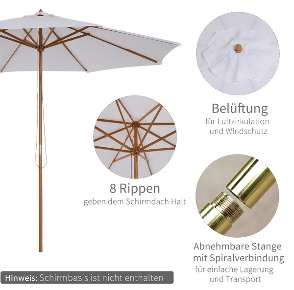 Slunečník Outsunny Ø 300 cm, Sluneční ochranný slunečník vyrobený ze dřeva, Stabilní tržní slunečník pro ochranu před sluncem na pláž, terasu nebo do