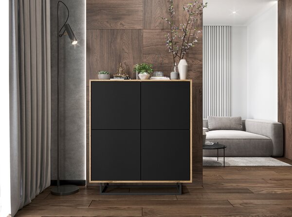 Komoda RTV ve stylu loft Dub Wotan Apollo 4D - Moderní - Nábytek Lindner - 113 cm x 35 cm x 127 cm, Barva: dub Wotan matný - černá matná