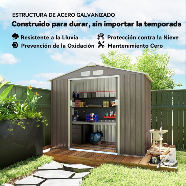 Outsunny 2,42 m² zahradní kůlna efekt dřeva s vyztuženou základnou bez podlahy 213x130x185 cm venkovní zahradní kůlna se 2 posuvnými dveřmi a 4 okny p