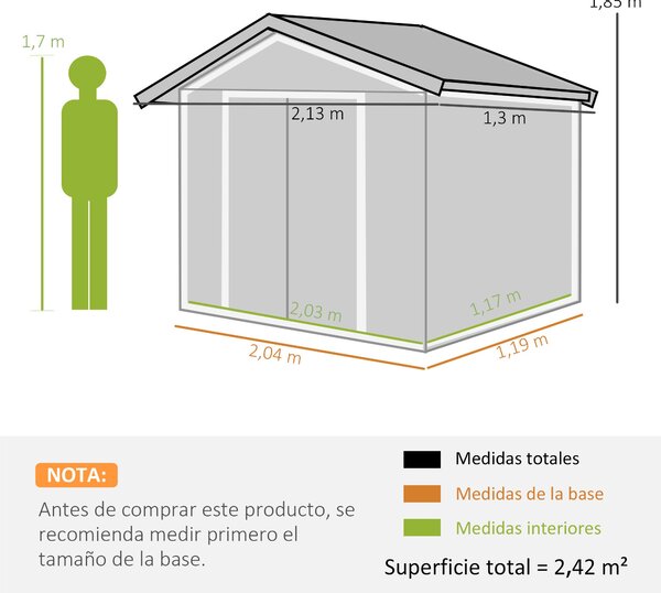 Outsunny 2,42 m² zahradní kůlna efekt dřeva s vyztuženou základnou bez podlahy 213x130x185 cm venkovní zahradní kůlna se 2 posuvnými dveřmi a 4 okny p