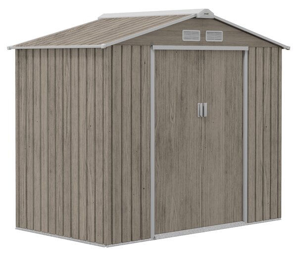 Outsunny 2,42 m² zahradní kůlna efekt dřeva s vyztuženou základnou bez podlahy 213x130x185 cm venkovní zahradní kůlna se 2 posuvnými dveřmi a 4 okny p