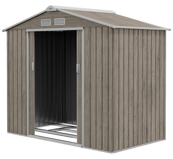 Outsunny 2,42 m² zahradní kůlna efekt dřeva s vyztuženou základnou bez podlahy 213x130x185 cm venkovní zahradní kůlna se 2 posuvnými dveřmi a 4 okny p