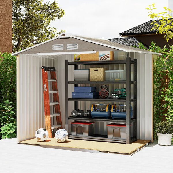 Outsunny 2,42 m² zahradní kůlna efekt dřeva s vyztuženou základnou bez podlahy 213x130x185 cm venkovní zahradní kůlna se 2 posuvnými dveřmi a 4 okny p