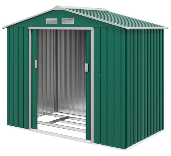 Zahradní kůlna Outsunny 2,42m² s výztužným podkladem bez podlahy 213x130x185 cm; venkovní zahradní kůlna se 2 posuvnými dveřmi a 4 okny na úložný pros