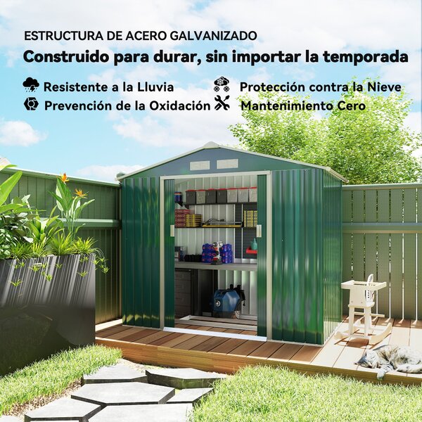 Zahradní kůlna Outsunny 2,42m² s výztužným podkladem bez podlahy 213x130x185 cm; venkovní zahradní kůlna se 2 posuvnými dveřmi a 4 okny na úložný pros