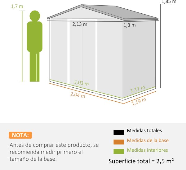 Zahradní kůlna Outsunny 2,5 m² s vyztuženou základnou bez podlahy 213x130x185 cm, venkovní zahradní kůlna se 2 posuvnými dveřmi a 4 okny pro uskladněn